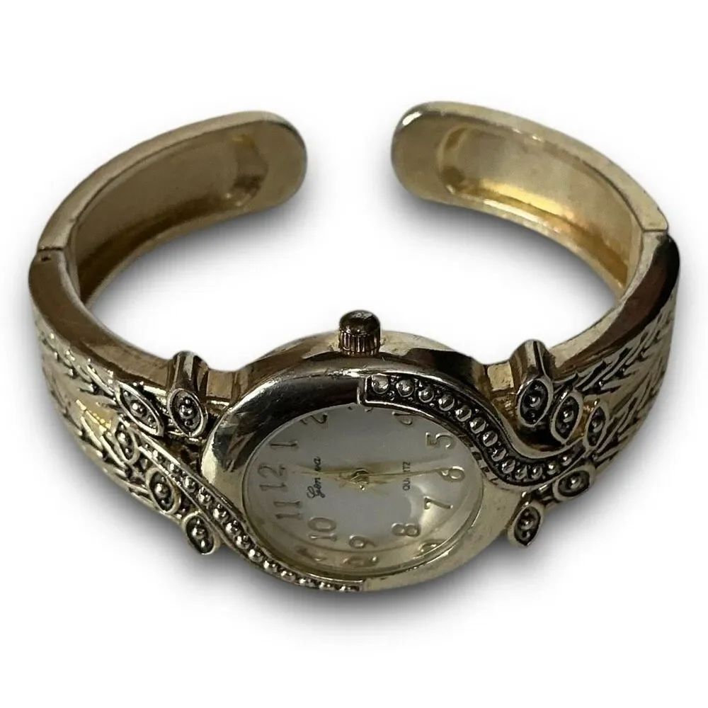Y2K Vintage Gold Tone Round Face Bangle Cuff Bracelet Watch